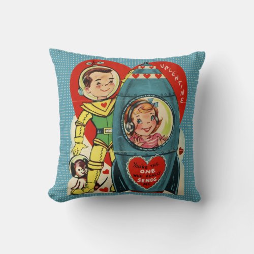 Vintage Valentine Cute Retro Rocket  Spaceman Throw Pillow