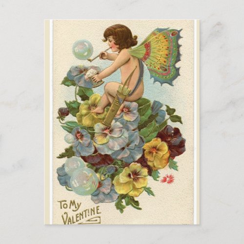 Vintage Valentine Fairy on Pansies Valentine Postcard