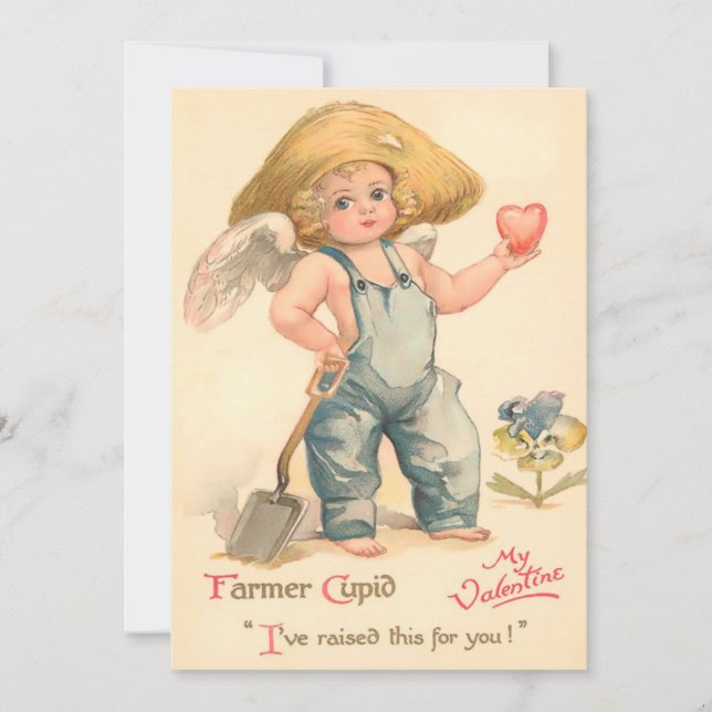 Vintage Valentine Farmer Cupid Flat Card (Front)
