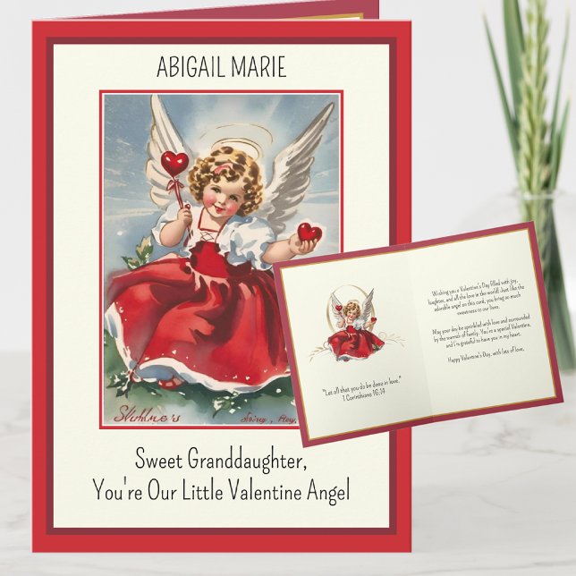 Vintage Valentine Girl Angel Grandparents Holiday Card (Vintage love for a grandchild, where angelic sweetness meets the comforting embrace of scripture. )