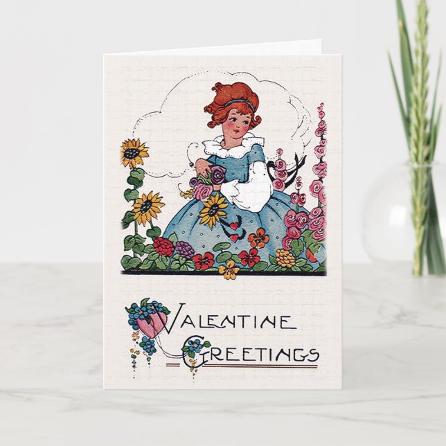 Vintage Valentine Girl in Flower Garden Card (Front)
