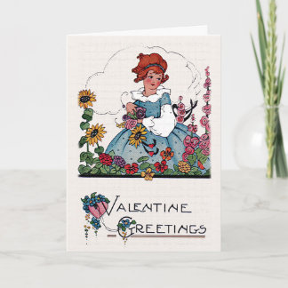 Vintage Valentine Girl in Flower Garden Card