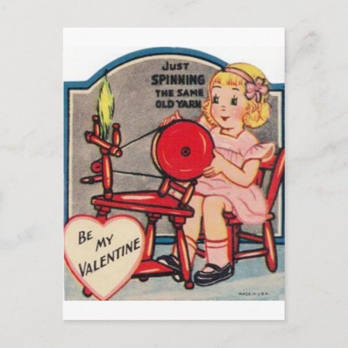 Vintage Valentine Girl Spinning Wool Holiday Postcard