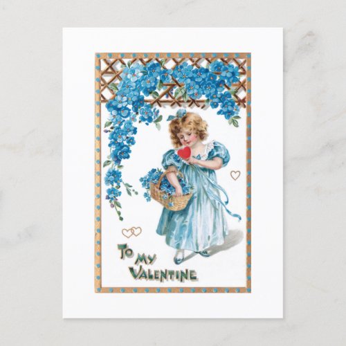 Vintage Valentine Girl with Blue Forget_me_Nots Postcard