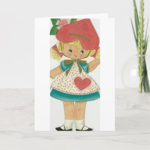Vintage Valentine Girl with Heart Hat Holiday Card