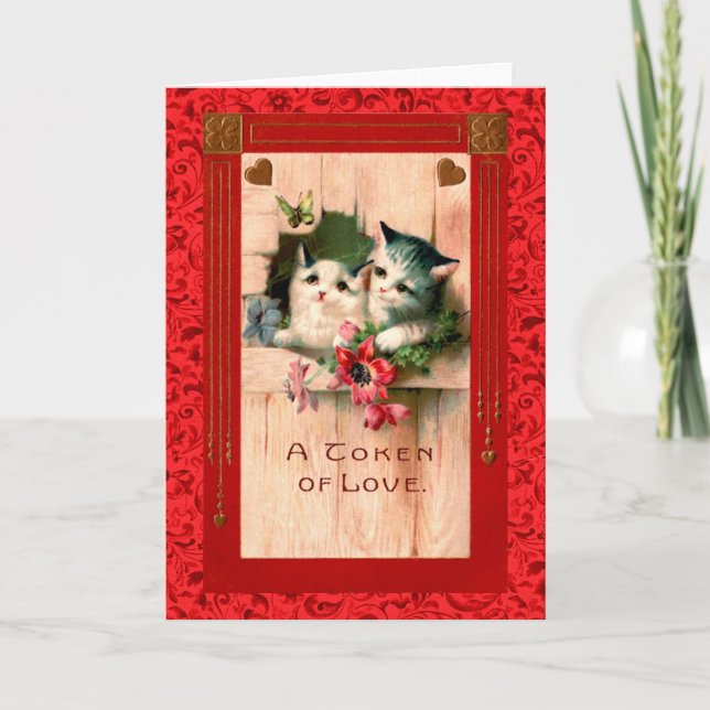 Vintage Valentine Gray Kittens & Hearts Holiday Card (Front)