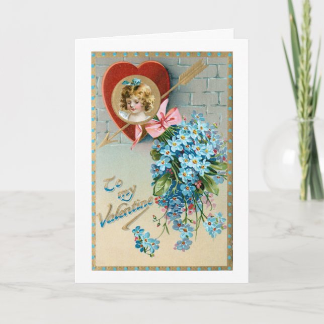 Vintage Valentine Heart, Arrow & Forget-Me-Nots Holiday Card (Front)