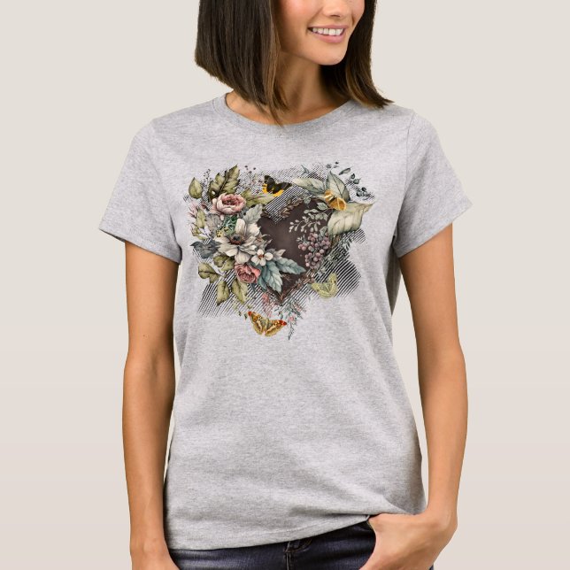 Vintage Valentine Heart, Flowers, Butterflies T-Shirt (Front)
