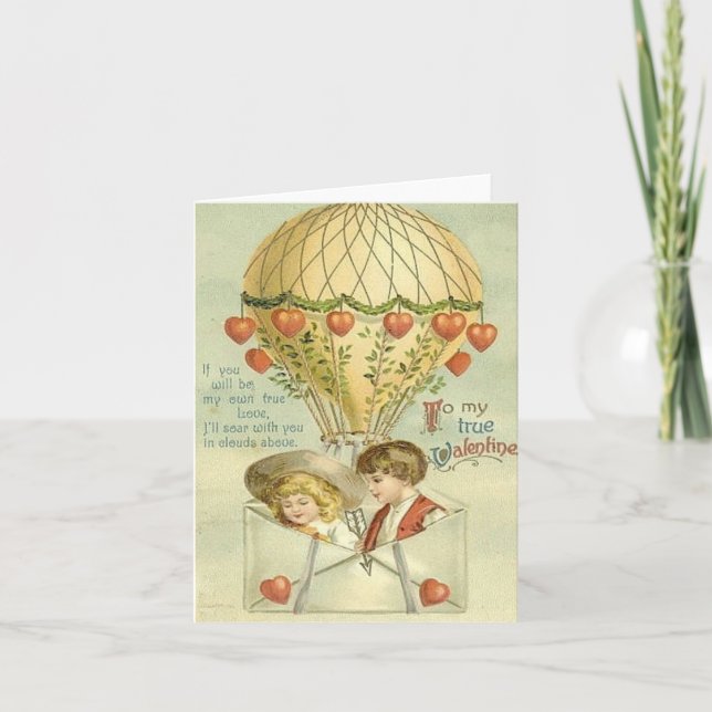 Vintage Valentine Hot Air Balloon Holiday Card (Front)