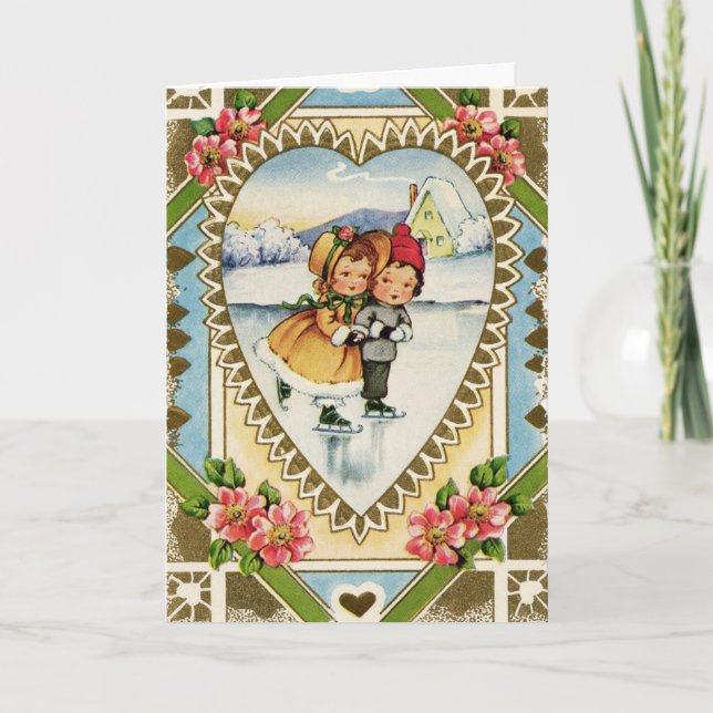 Vintage Valentine Ice Skaters Holiday Card (Front)