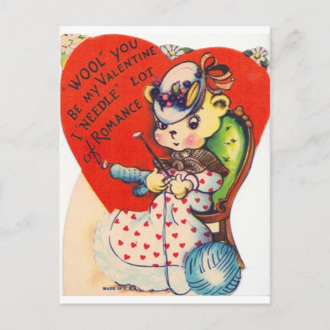 Vintage Valentine Knitting Bear Holiday Postcard (Front)
