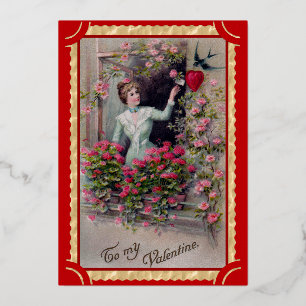 Vintage valentine lady art musical foil holiday card