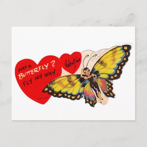 Vintage Valentine Lady Butterfly Hearts Holiday Postcard