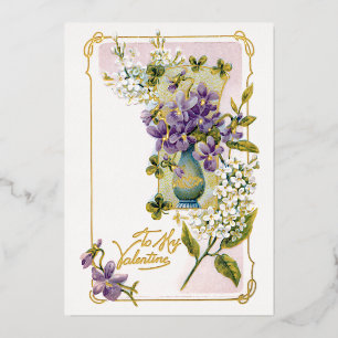 Vintage Valentine Lilies and Violets Foil Holiday Card