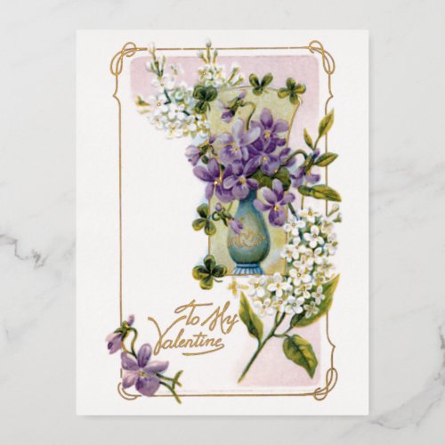Vintage Valentine Lilies and Violets Foil Holiday Postcard