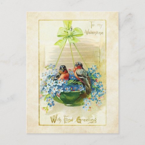 Vintage Valentine Love Birds and Forget Me Nots Holiday Postcard