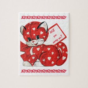 Vintage Valentine Marry Me Red Cat Hearts Proposal Jigsaw Puzzle