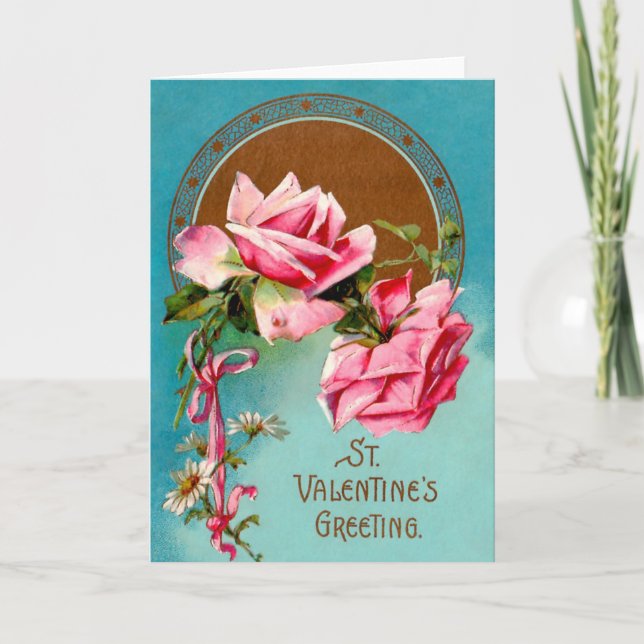 Vintage Valentine Pink Roses & White Daisies Holiday Card (Front)