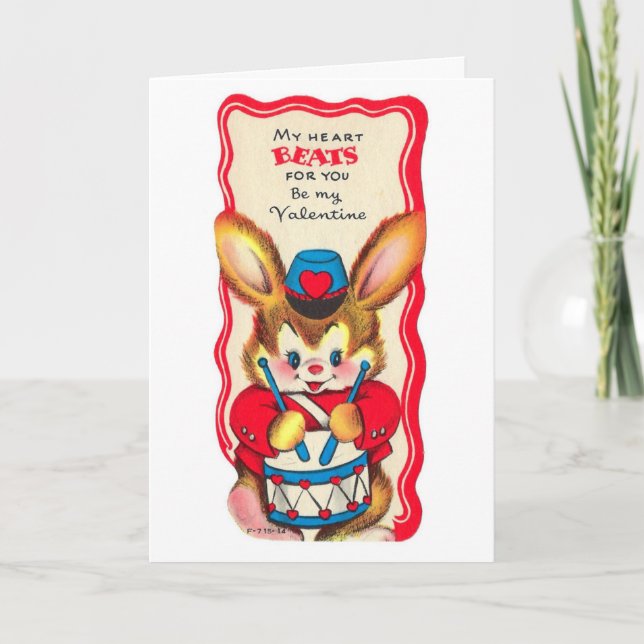 Vintage Valentine Rabbit Drummer Holiday Card (Front)