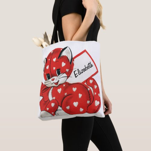 Vintage Valentine Red Cat White Hearts Cute Love Tote Bag