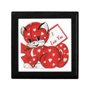 Vintage Valentine Red Cat White Hearts Retro Love Gift Box