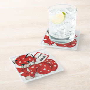 Vintage Valentine Red Cat White Hearts Retro Love Glass Coaster