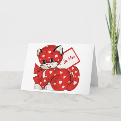 Vintage Valentine Red Cat White Hearts Retro Love Holiday Card