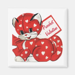 Vintage Valentine Red Cat White Hearts Retro Love Magnet