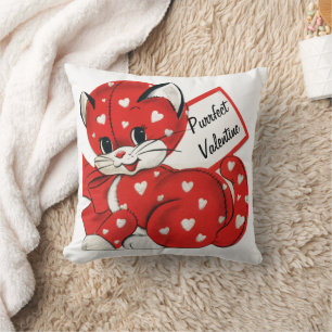 Vintage Valentine Red Cat White Hearts Retro Love Throw Pillow