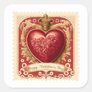 Vintage Valentine Red Heart Postage Stamp Square Sticker