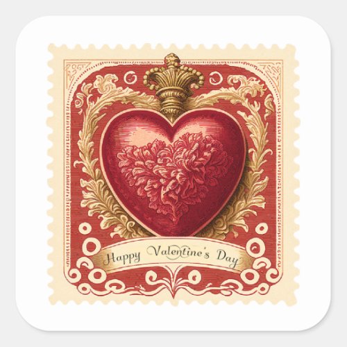 Vintage Valentine Red Heart Postage Stamp Square Sticker