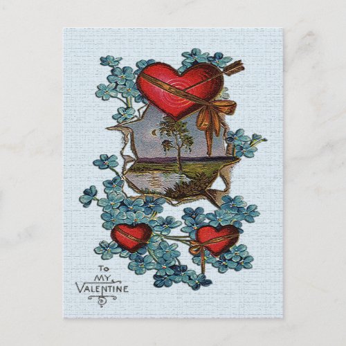 Vintage Valentine Red Hearts Tree and Lake Card