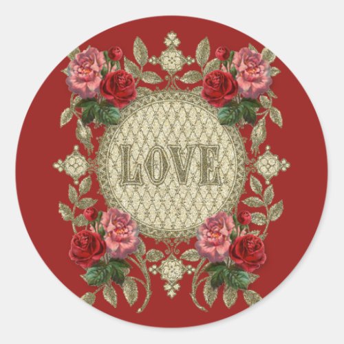 Vintage Valentine Red Pink Roses LOVE Classic Round Sticker