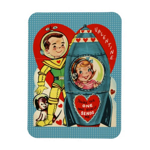 Vintage Valentine Rocket  Spaceman Polka Dots Magnet