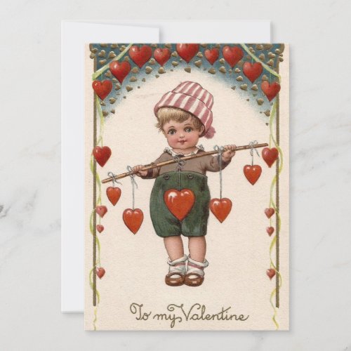 Vintage Valentines Day Boy With Hearts Holiday Card