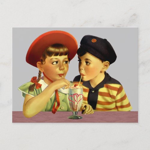 Vintage Valentine Sharing an Ice Cream Float  Postcard