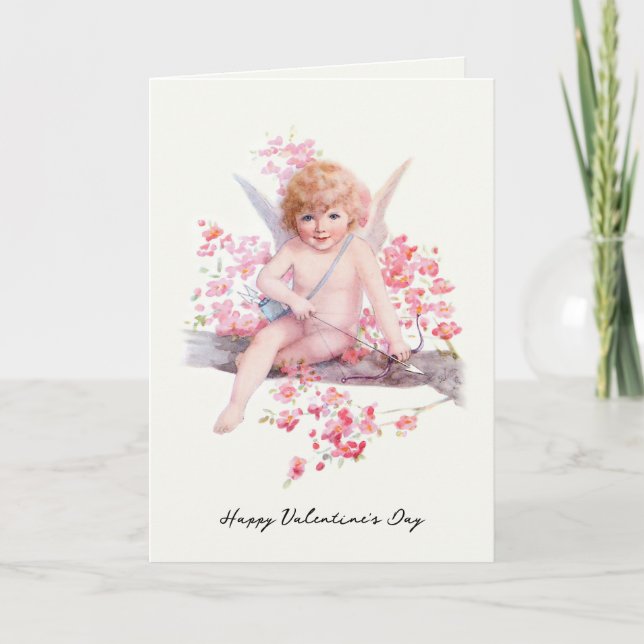 Vintage Valentine Smiling Cupid with Bow Holiday Card (Front)