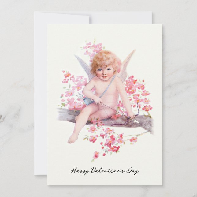 Vintage Valentine Smiling Cupid with Bow Holiday Card (Front)