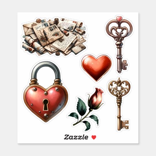 Vintage Valentine stickers padlock keys heart
