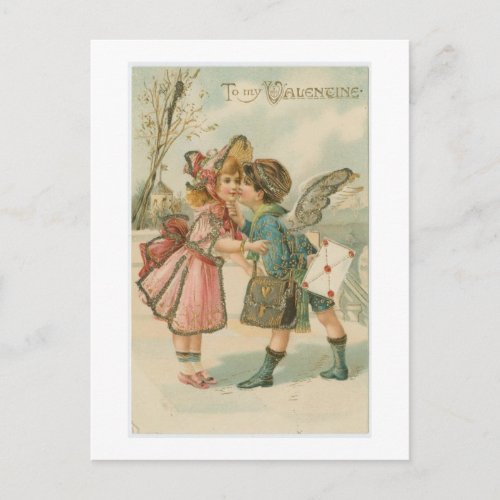 vintage valentine two kids kissing holiday postcard