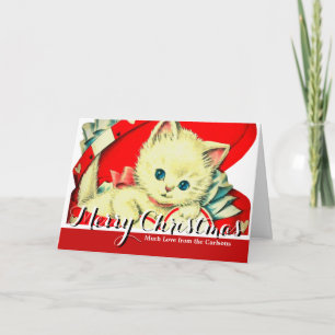 Vintage Valentine White Kitten in Red Heart Box Holiday Card