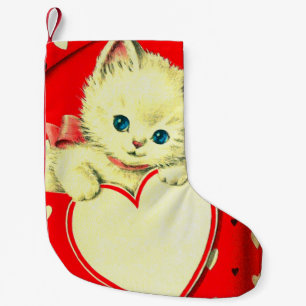 Vintage Valentine White Kitten in Red Heart Box Small Christmas Stocking