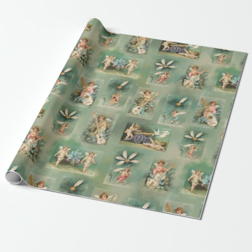 Vintage Valentine Winged Cupid Collage Wrapping Paper