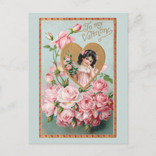 Vintage Valentine with Pink Roses and Gold Heart Holiday Postcard