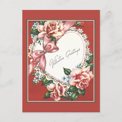 Vintage Valentine With Pink Roses Bow and Heart Holiday Postcard