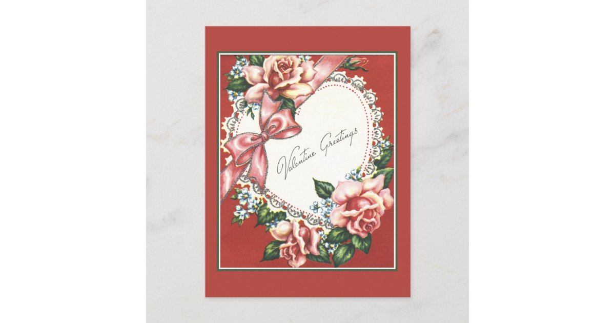 Retro valentine card or postcard with red heart and roses