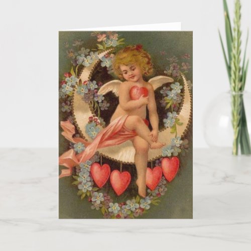 Vintage Valentines Cherub On Moon Holiday Card