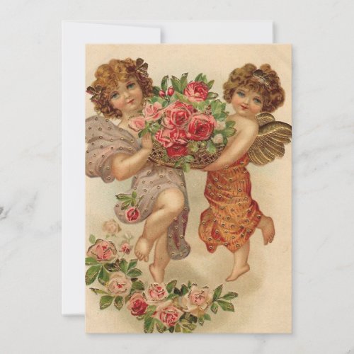 Vintage Valentines Cherubs Holding Flowers Holiday Card