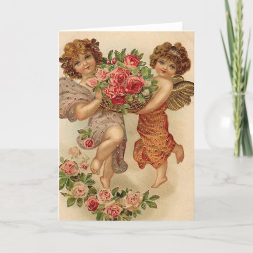 Vintage Valentines Cherubs Holding Flowers Holiday Card