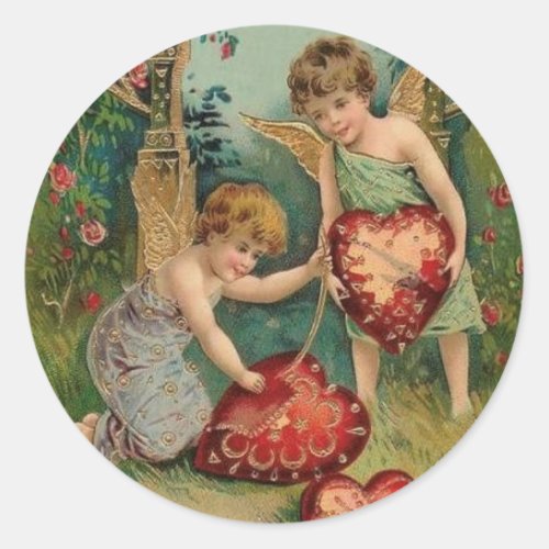 Vintage Valentines Cherubs With Hearts Classic Round Sticker